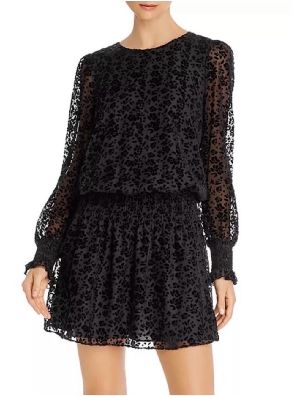 Parker New York Black Carmindy Burnout Velvet Mini Dress Long-Sleeve Large